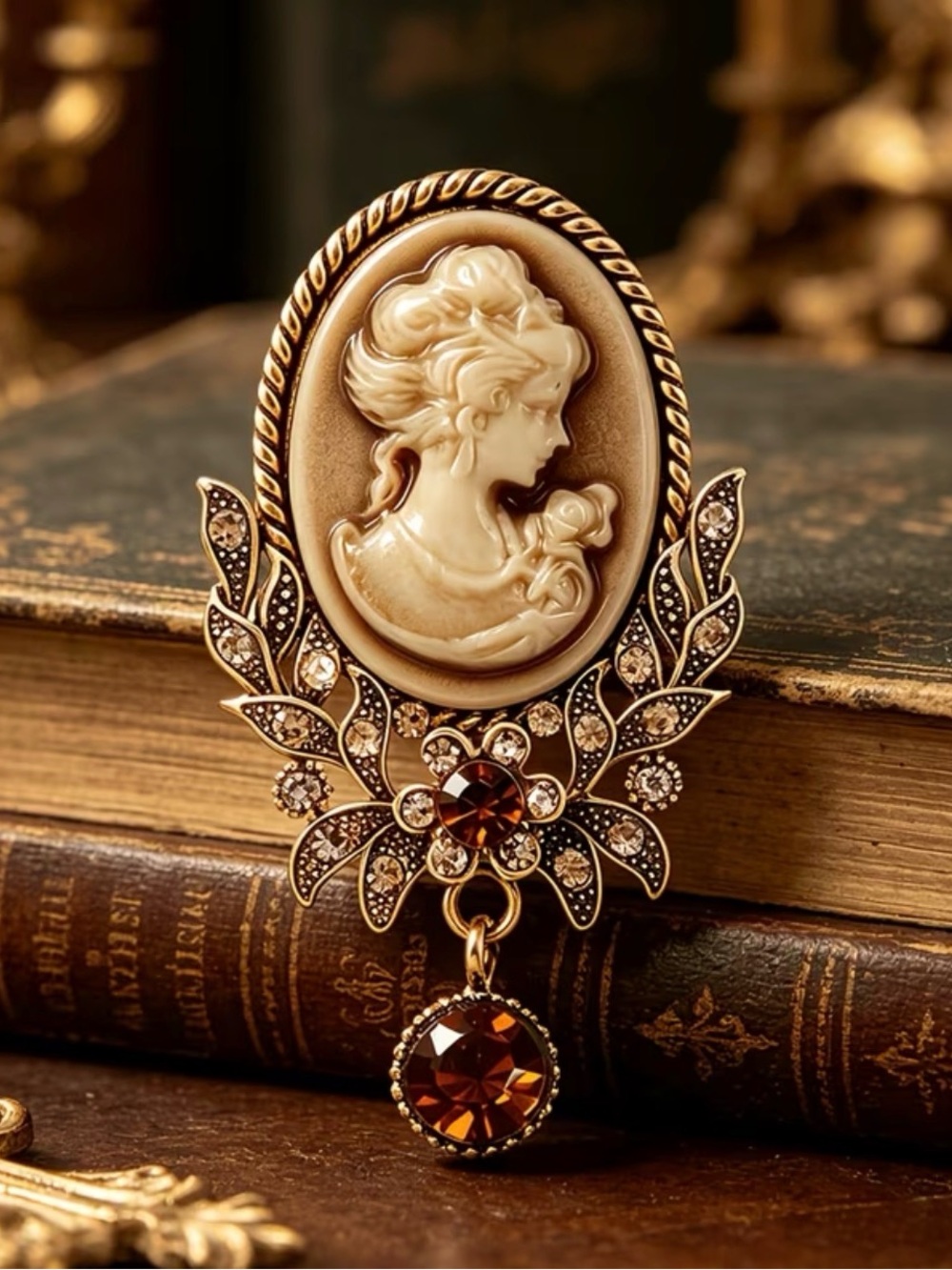 vintage style cameo brooch profile woman adorned brown rhinestone dangle pendant